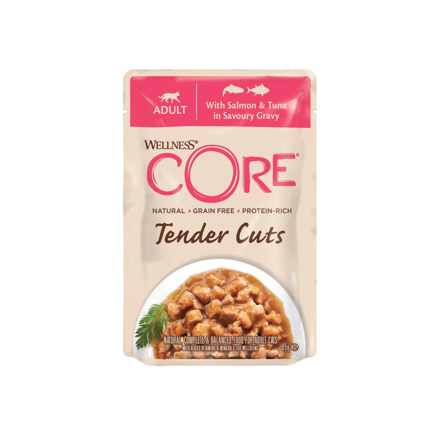 Wellness CORE Tender Cuts, Hrana Umeda pentru Pisici, cu Somon si Ton in Sos, Fara Cereale, Plic, 85g