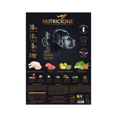 Etichetă hrană uscată Nutricione pentru câini junior cu pui și ton – ingrediente și beneficii nutriționale