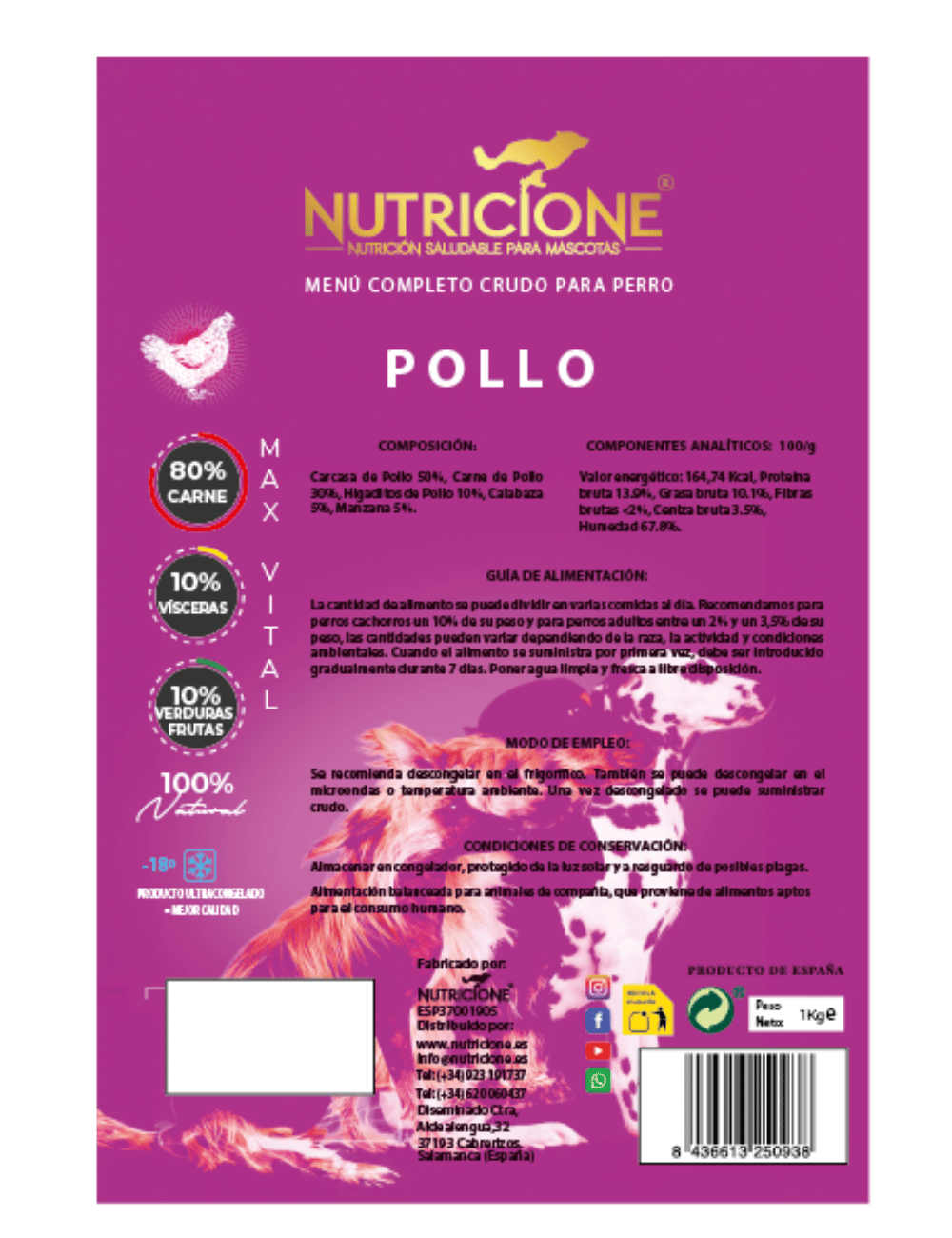 Etichetă BARF Nutricione – meniu complet de pui pentru câini, informații nutriționale