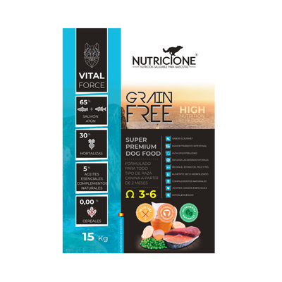 Etichetă hrană uscată Nutricione pentru câini adulți cu somon și ton – ingrediente și beneficii nutriționale