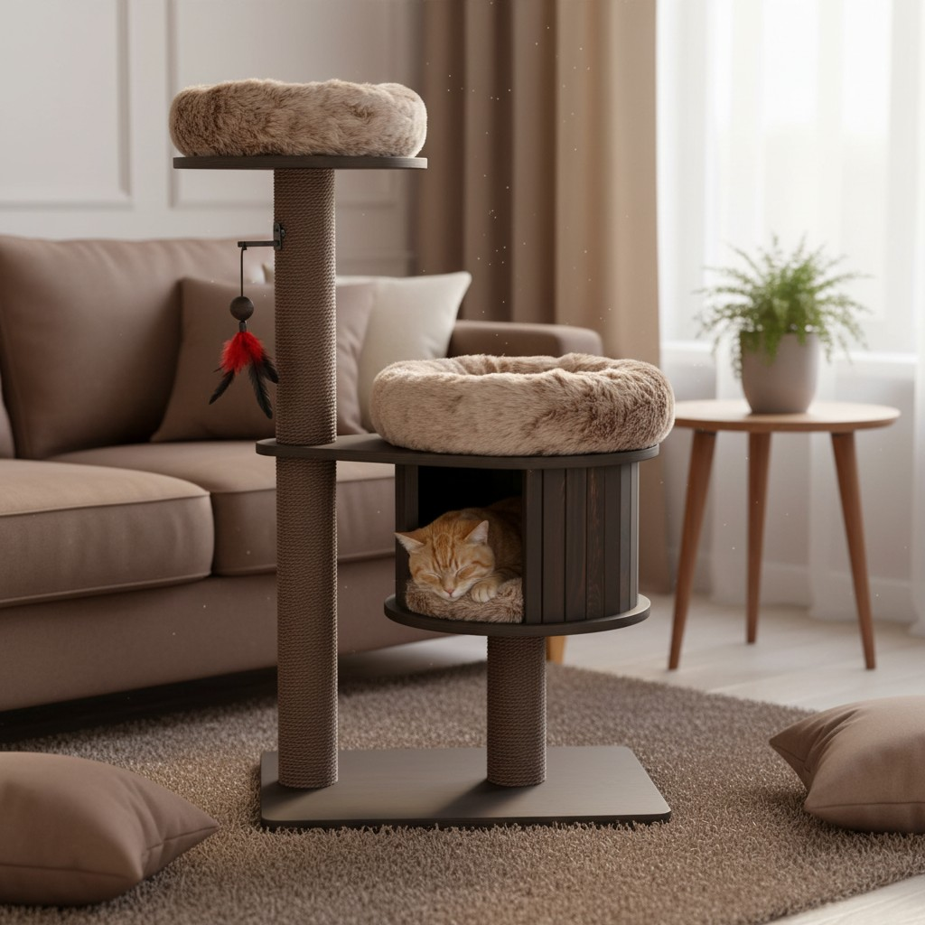 Meraki Home, Ansamblu pentru Pisici, Realizat din Lemn, ESPRESSO CLOUD SMALL