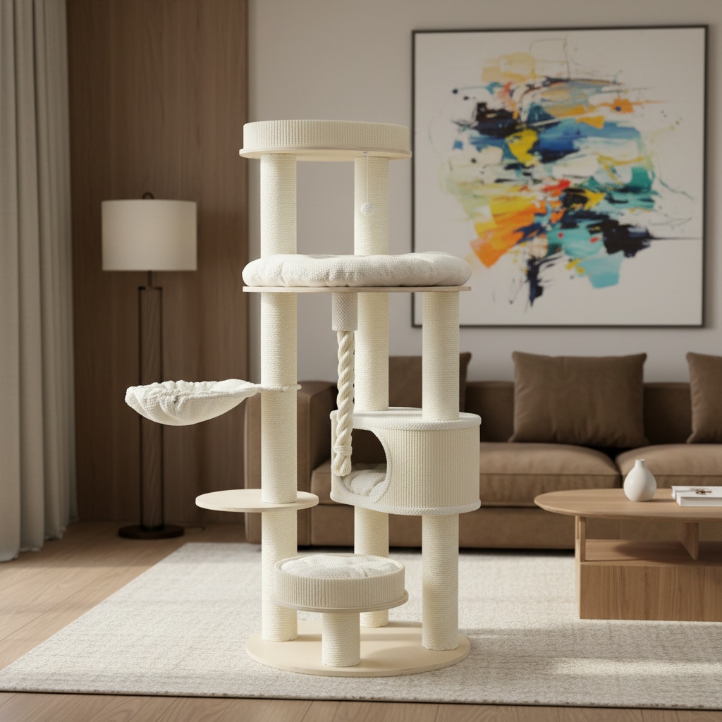 Meraki Home, Ansamblu pentru Pisici, Realizat din Lemn, IVORY LOFT TOWER