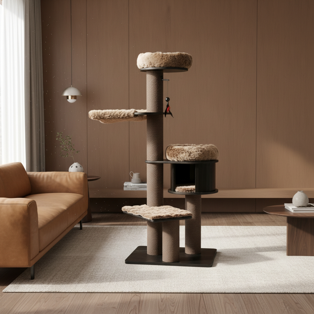 Meraki Home, Ansamblu pentru Pisici, Realizat din Lemn, ESPRESSO CLOUD LARGE