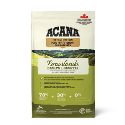 ACANA Highest Protein Grasslands, Hrana Uscata pentru Caini, cu Miel, Rata si Peste, Toate Etapele de Viata, Fara Cereale 11.4kg