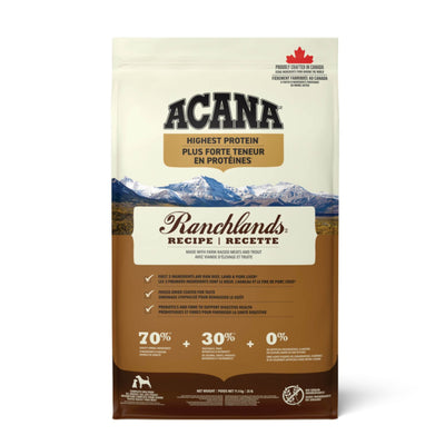 ACANA Highest Protein Ranchlands, Hrana Uscata pentru Caini, Toate Etapele de Viata, cu Vita, Miel si Porc, Fara Cereale, 11.4kg