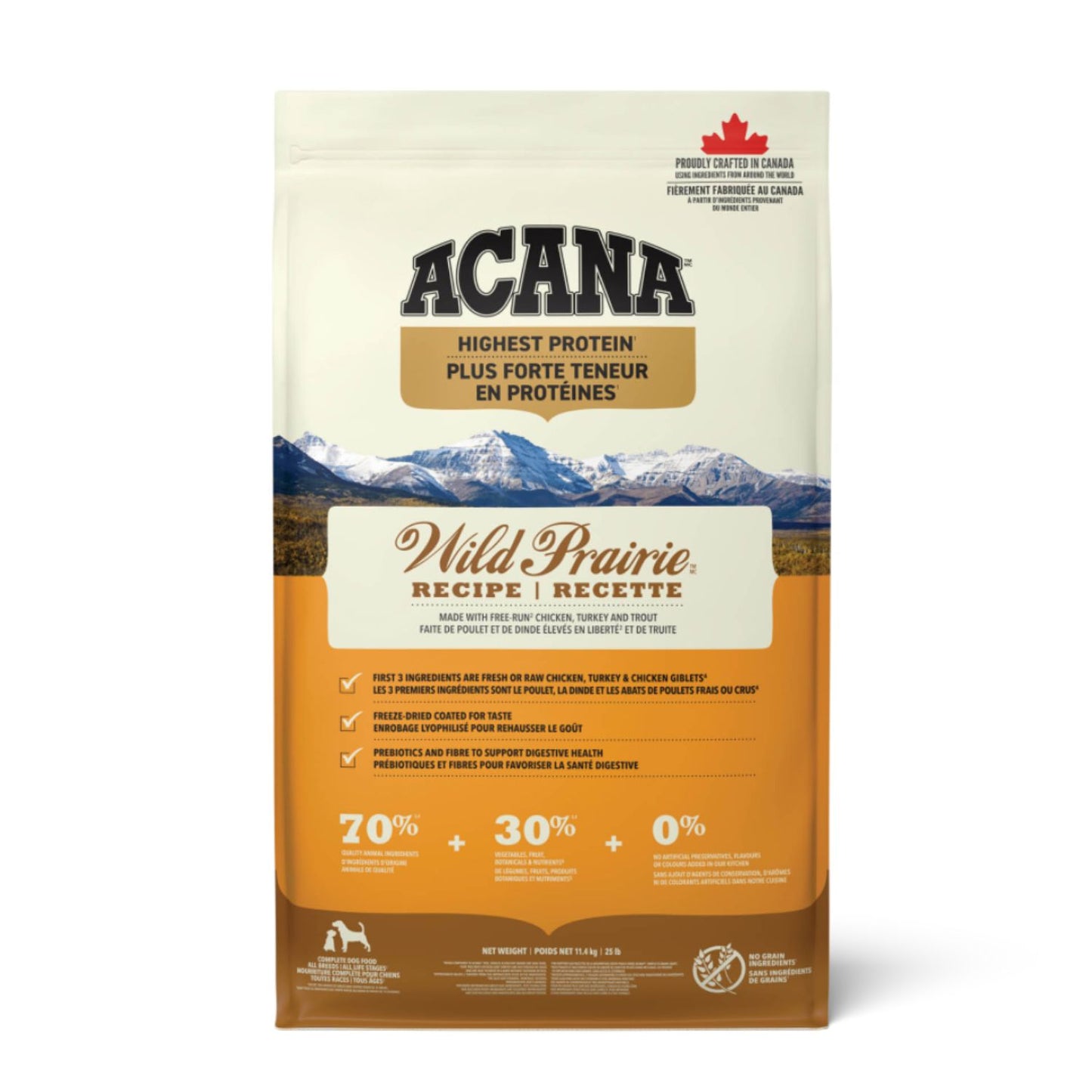 ACANA Highest Protein Wild Prairie, Hrana Uscata pentru Caini, cu Pui, Curcan si Peste, Toate Etapele de Viata, Fara Cereale, 11.4kg