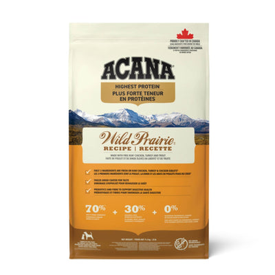 ACANA Highest Protein Wild Prairie, Hrana Uscata pentru Caini, cu Pui, Curcan si Peste, Toate Etapele de Viata, Fara Cereale, 11.4kg