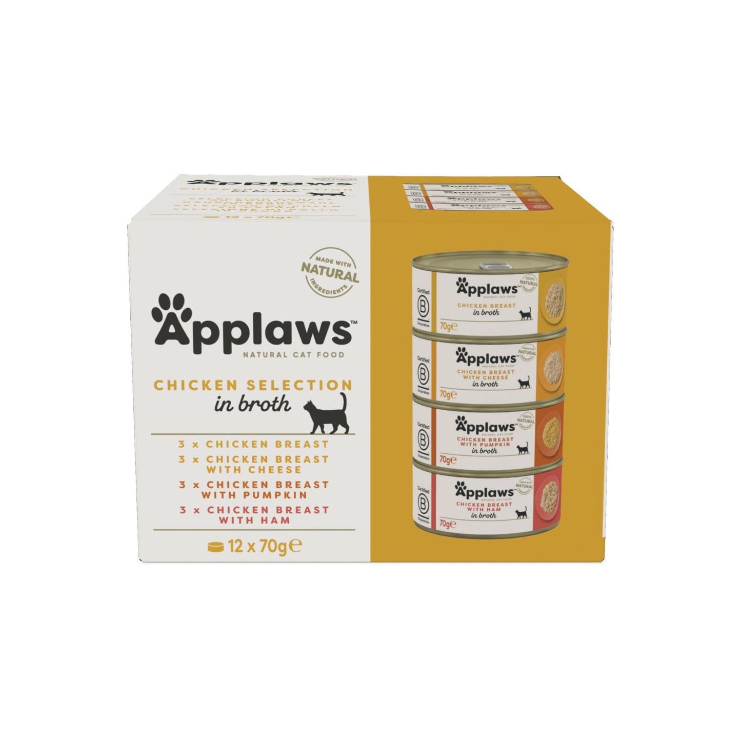 APPLAWS Multipack, Hrana Umeda Complementara pentru Pisici Adulte, Selectie de Pui in Supa, 100% Natural, 12x70g