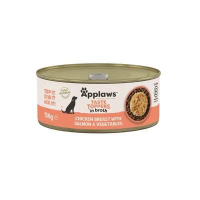 APPLAWS Taste Toppers Conserva, Hrana Umeda Complementara pentru Caini Adulti, cu Piept de Pui, Somon si Legume in Supa, 100% Natural, 156g