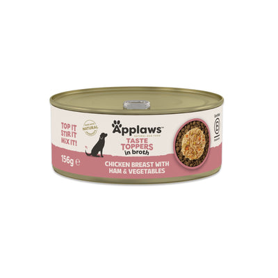 APPLAWS Taste Toppers Conserva, Hrana Umeda Complementara pentru Caini Adulti, cu Piept de Pui, Sunca si Legume in Supa, 100% Natural, 156g