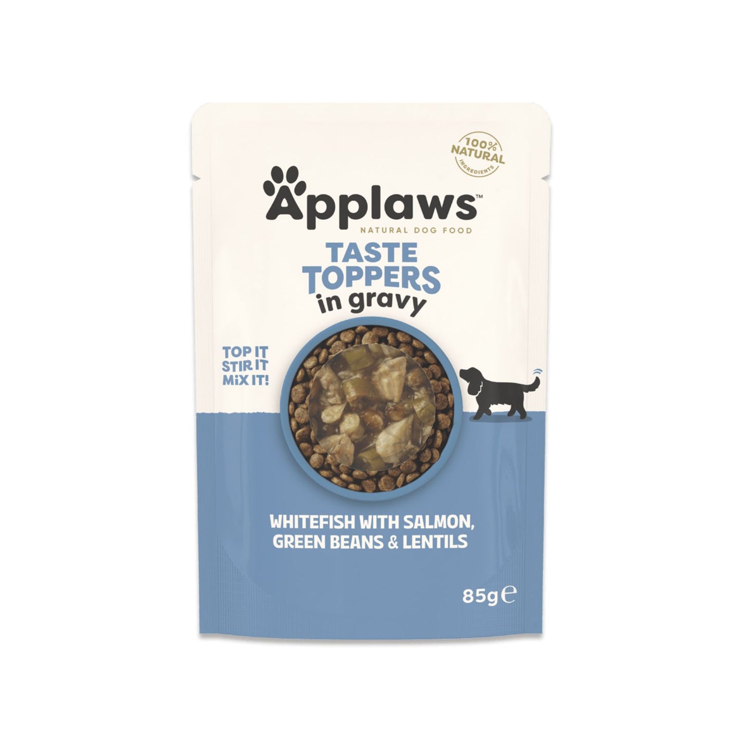 APPLAWS Taste Toppers Plic, Hrana Umeda Complementara pentru Caini Adulti, cu Peste Alb, Somon, Fasole Verde si Linte in Sos, Fara Cereale, 100% Natural, 85g