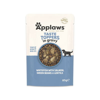 APPLAWS Taste Toppers Plic, Hrana Umeda Complementara pentru Caini Adulti, cu Peste Alb, Somon, Fasole Verde si Linte in Sos, Fara Cereale, 100% Natural, 85g