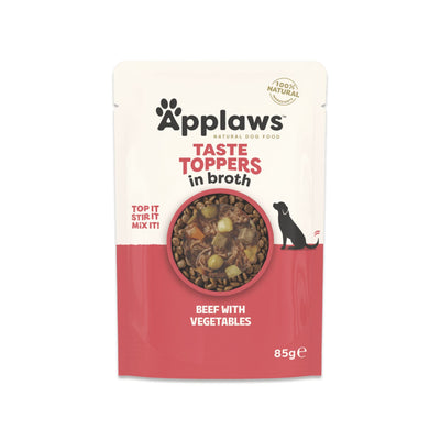 APPLAWS Taste Toppers Plic, Hrana Umeda Complementara pentru Caini Adulti, cu Vita, Fasole Verde, Cartof Dulce si Ardei Rosu in Supa, Fara Cereale, 100% Natural, 85g