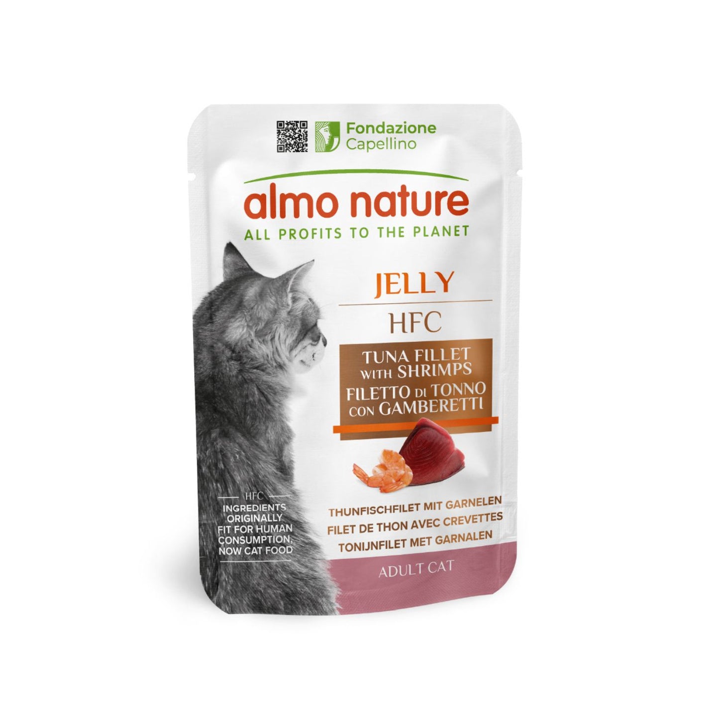 Almo Nature HFC Jelly, Hrana Umeda Complementara pentru Pisici Adult, cu File de Ton si Creveti in Jeleu, 55g