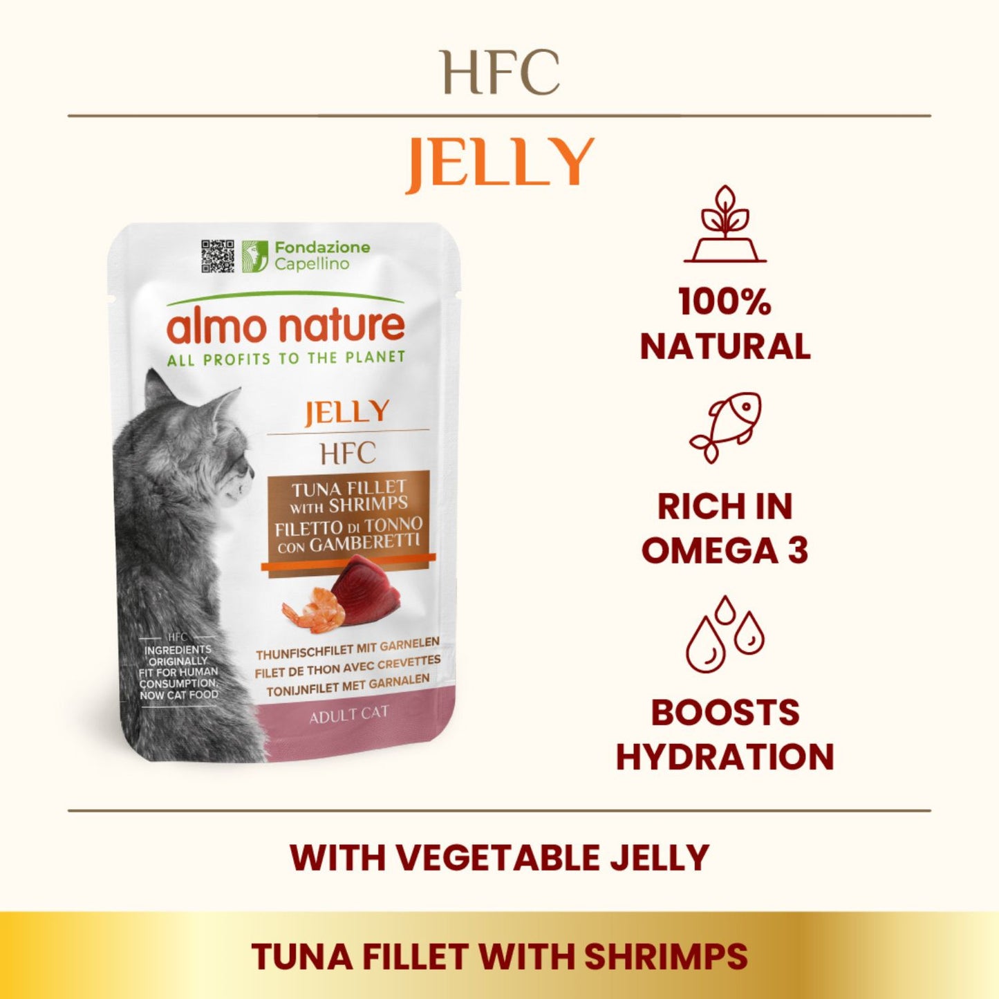 Almo Nature HFC Jelly, Hrana Umeda Complementara pentru Pisici Adult, cu File de Ton si Creveti in Jeleu, 55g