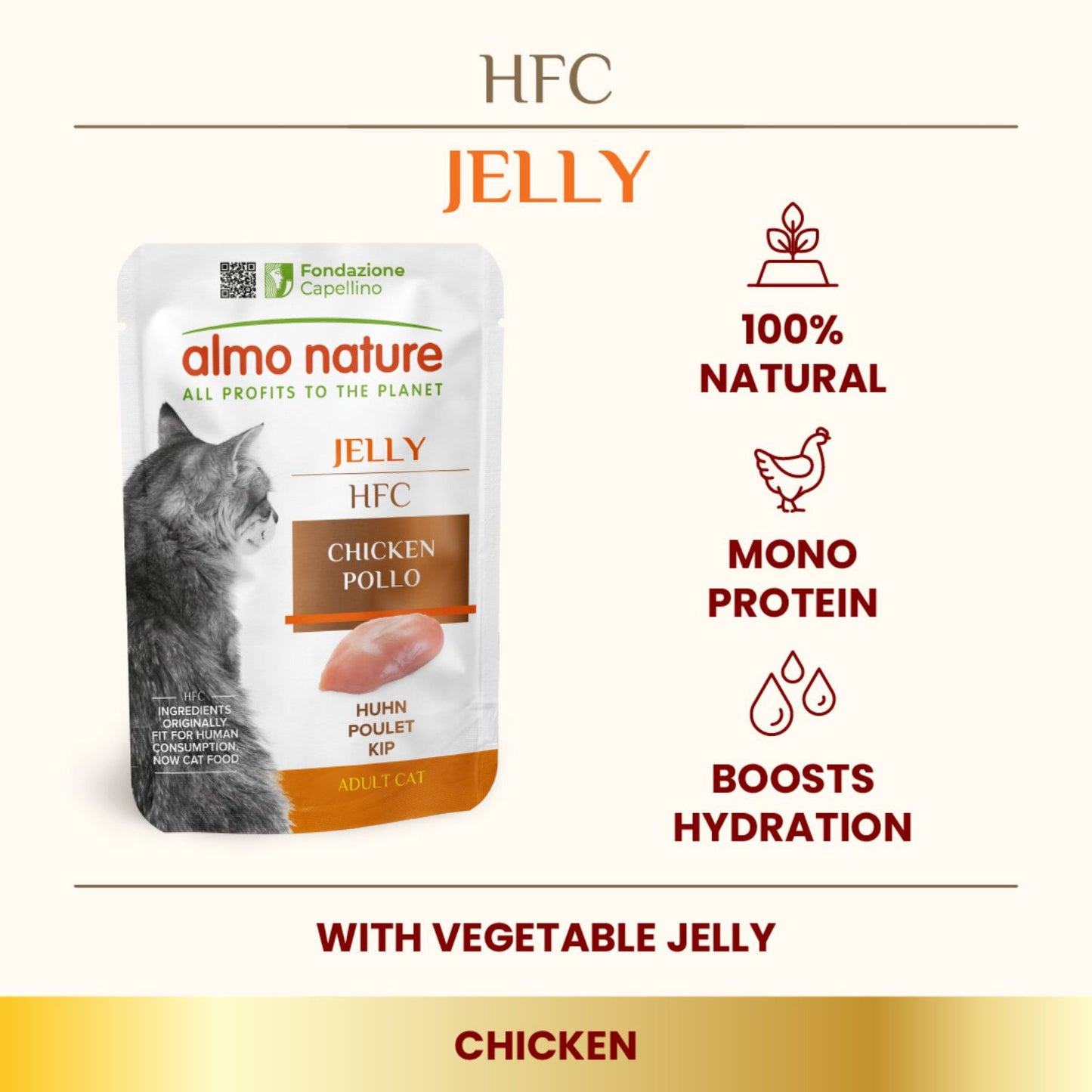 Almo Nature HFC Jelly, Hrana Umeda Complementara pentru Pisici Adult, cu Pui in Jeleu, 55g