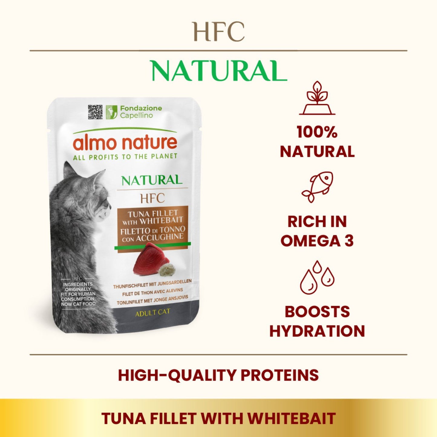 Almo Nature HFC Natural, Hrana Umeda Complementara pentru Pisici Adult, cu File de Ton si Hamsii, 55g