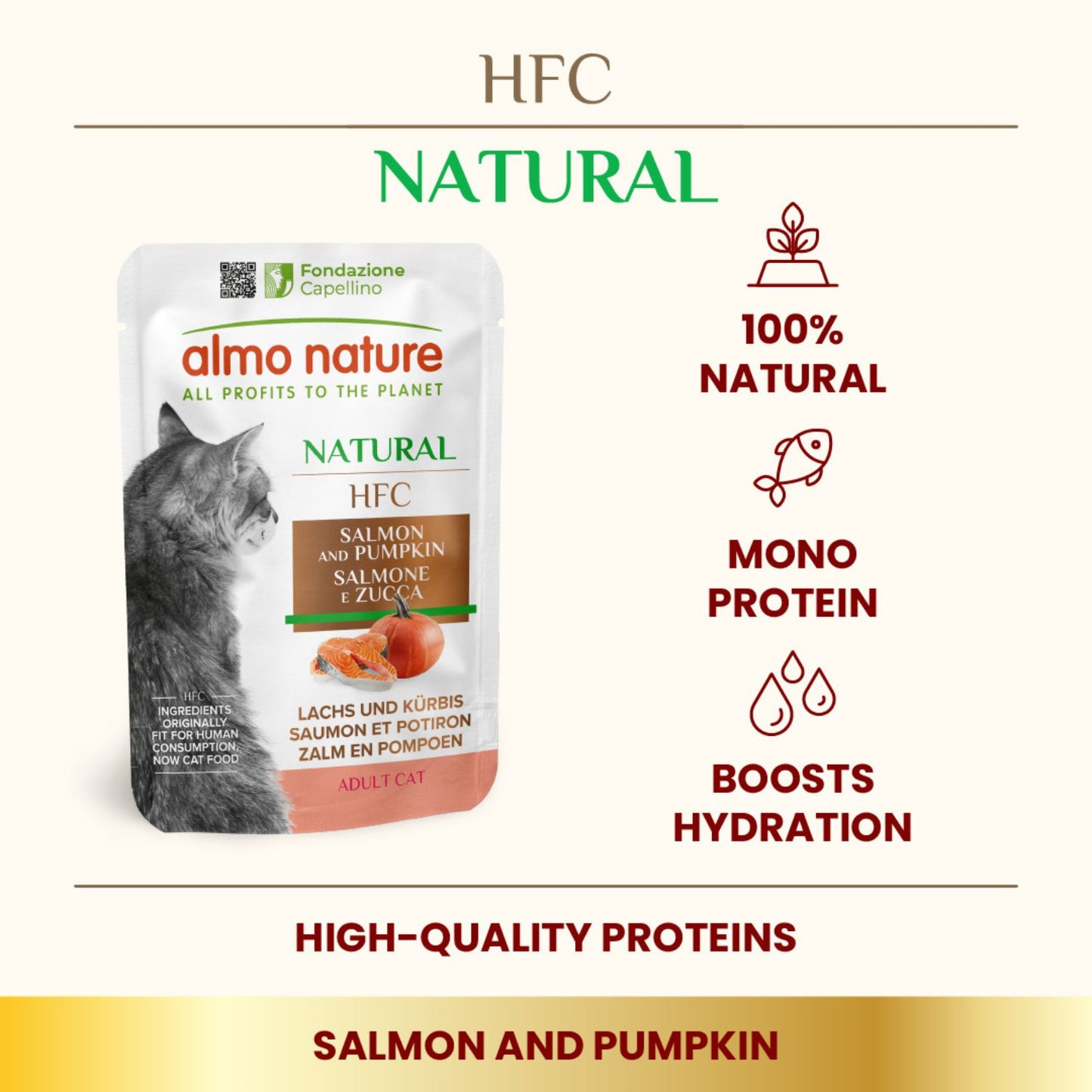 Almo Nature HFC Natural, Hrana Umeda Complementara pentru Pisici Adult, cu Somon si Dovleac, 55g