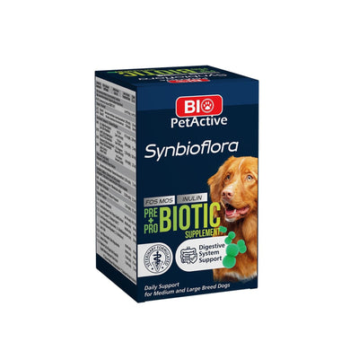 Bio PetActive Synbioflora pentru Caini de Talie Medie si Mare, Supliment cu Probiotice si Prebiotice, 60 tablete