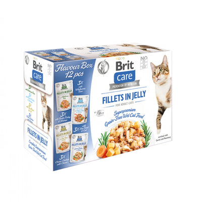 Brit Care Cat Flavour Box, Hrana Umeda pentru Pisici Adult, Fileuri in Jeleu, Pachet Mixt 4 Sortimente, Fara Cereale, 12x85g