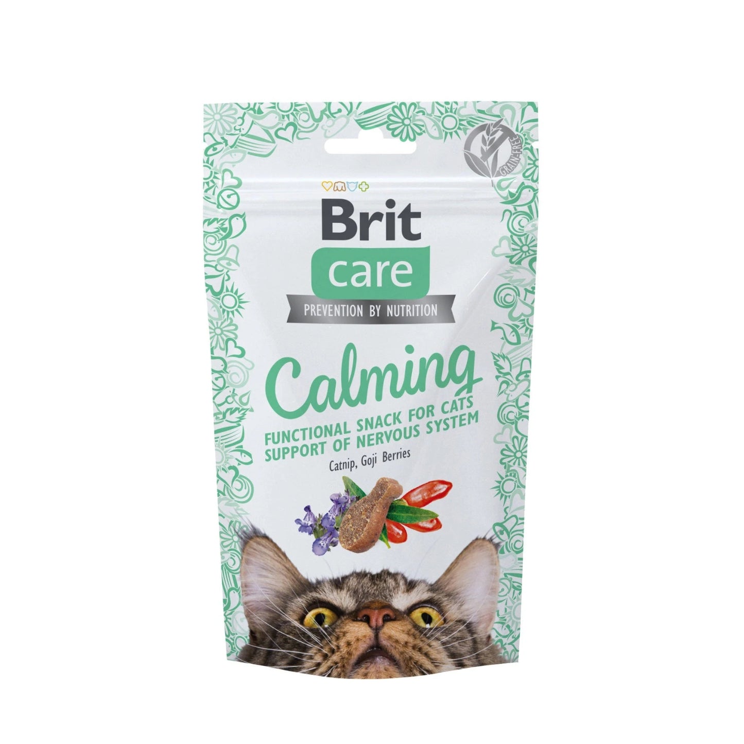 Brit Care Cat Snack Calming, Recompense Functionale pentru Pisici cu Pui, Iarba Matei si Goji, Fara Cereale, 50g