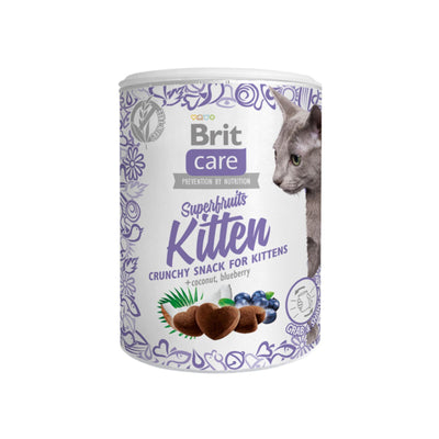 Brit Care Cat Snack Superfruits Kitten, Recompense Crocante pentru Pisici Junior, cu Pui, Nuca de Cocos si Coacaze, Fara Cereale, 100g