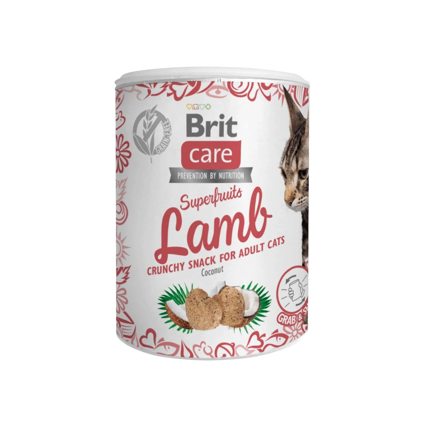 Brit Care Cat Snack Superfruits, Recompense Crocante pentru Pisici, cu Miel si Nuca de Cocos, Fara Cereale, 100g