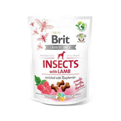 Brit Care Crunchy Cracker, Recompense Crocante pentru Caini cu Proteina din Insecte, Miel si Zmeura, Fara Cereale, 200g