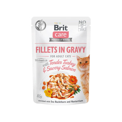 Brit Care Fillets in Gravy, Hrana Umeda pentru Pisici Adult, Fileuri de Curcan si Somon in Sos, Fara Cereale, 85g