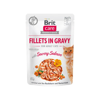 Brit Care Fillets in Gravy, Hrana Umeda pentru Pisici Adult, Fileuri de Somon in Sos, Fara Cereale, 85g