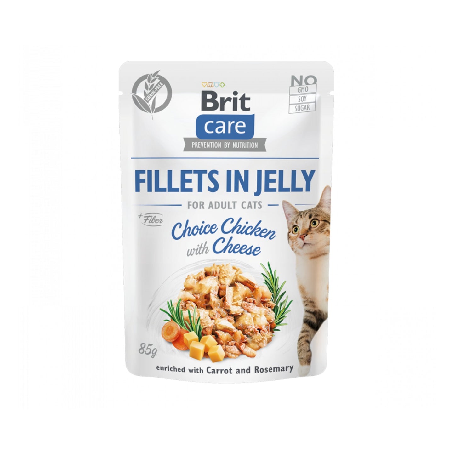 Brit Care Fillets in Jelly Choice Chicken, Hrana Umeda pentru Pisici Adult, Fileuri de Pui cu Branza, Morcov si Rozmarin, Fara Cereale, 85g