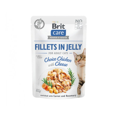 Brit Care Fillets in Jelly Choice Chicken, Hrana Umeda pentru Pisici Adult, Fileuri de Pui cu Branza, Morcov si Rozmarin, Fara Cereale, 85g