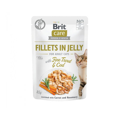 Brit Care Fillets in Jelly, Hrana Umeda pentru Pisici Adult, Fileuri de Pastrav si Cod cu Morcov si Rozmarin, Fara Cereale, 85g