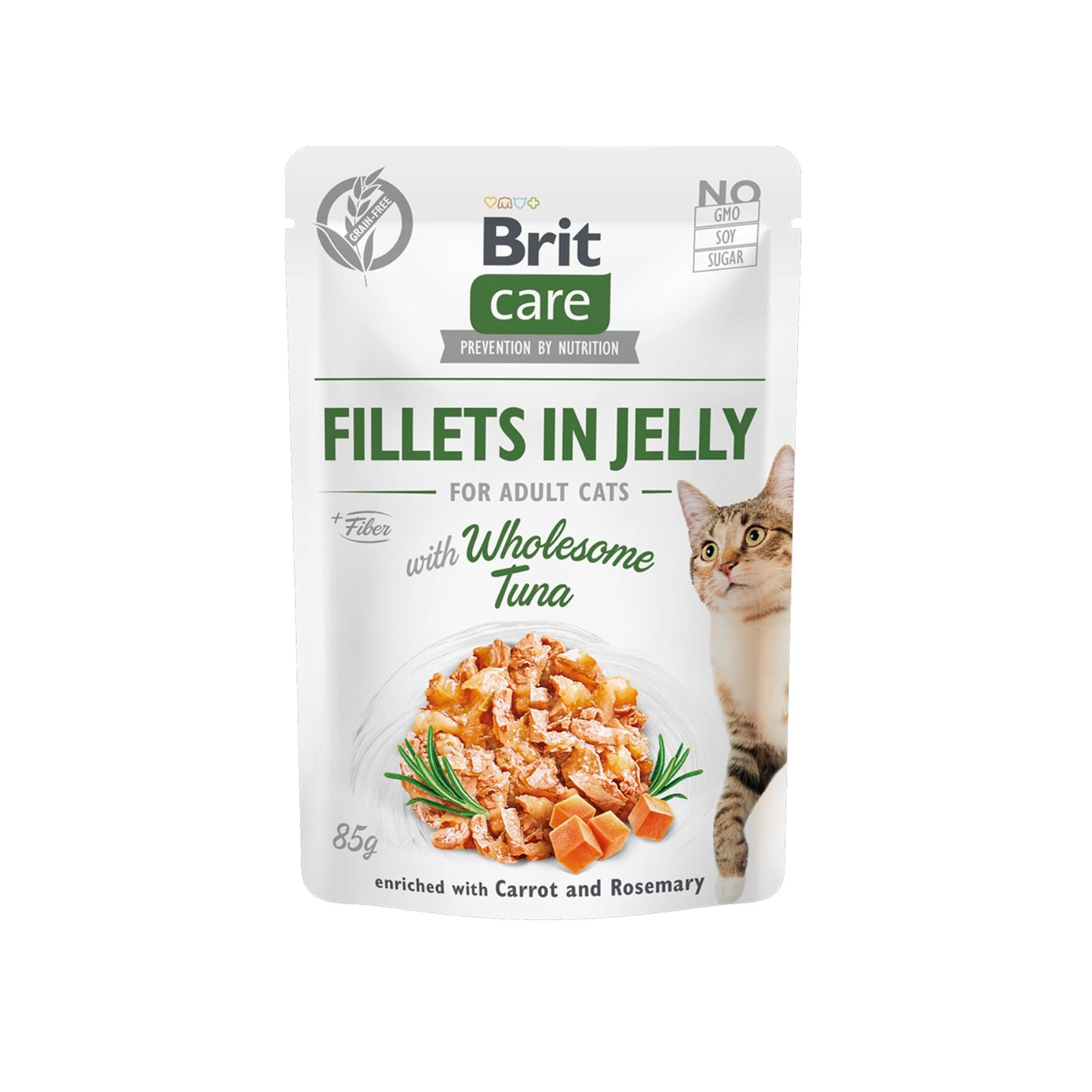 Brit Care Fillets in Jelly, Hrana Umeda pentru Pisici Adult, Fileuri de Ton in Jeleu cu Morcov si Rozmarin, Fara Cereale, 85g