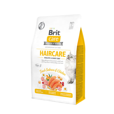 Brit Care Grain-Free Cat Haircare Healthy & Shiny Coat, Hrana Uscata pentru Pisici Adult cu Par Lung, cu Somon Proaspat si Alge Marine, Ingrijire Speciala a Blanii, Fara Cereale, 400g / 2kg / 7kg