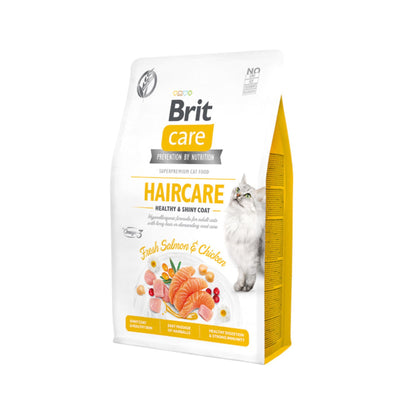 Brit Care Grain-Free Cat Haircare Healthy & Shiny Coat, Hrana Uscata pentru Pisici Adult cu Par Lung, cu Somon Proaspat si Alge Marine, Ingrijire Speciala a Blanii, Fara Cereale, 400g / 2kg / 7kg