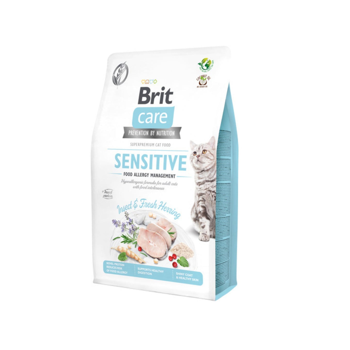 Brit Care Grain-Free Cat Sensitive Food Allergy Management, Hrana Uscata pentru Pisici Adult, cu Hering si Insecte, Hipoalergenica, Fara Cereale, 400g / 2kg / 7kg