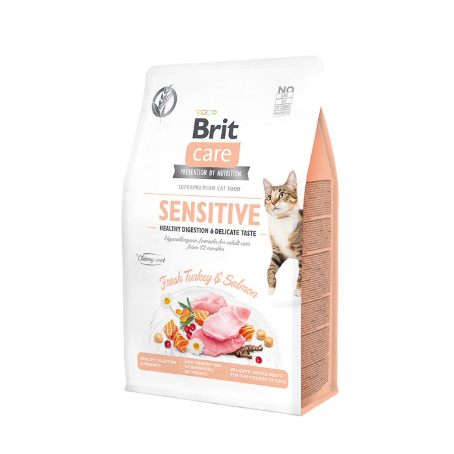 Brit Care Grain-Free Cat Sensitive, Hrana Uscata pentru Pisici Adult, Digestie Sensibila cu Curcan si Somon, Fara Cereale, 400g / 2kg / 7kg
