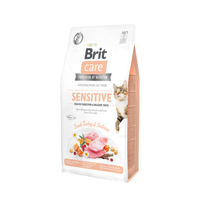 Brit Care Grain-Free Cat Sensitive, Hrana Uscata pentru Pisici Adult, Digestie Sensibila cu Curcan si Somon, Fara Cereale, 400g / 2kg / 7kg