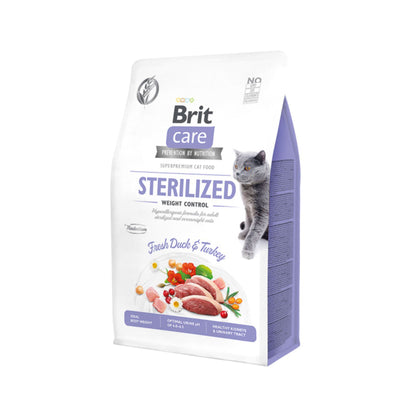 Brit Care Grain-Free Cat Sterilised Weight Control, Hrana Uscata pentru Pisici Sterilizate, cu Rata si Curcan, Controlul Greutatii, Fara Cereale, 400g / 2kg / 7kg