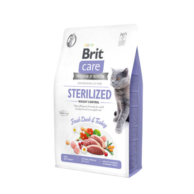 Brit Care Grain-Free Cat Sterilised Weight Control, Hrana Uscata pentru Pisici Sterilizate, cu Rata si Curcan, Controlul Greutatii, Fara Cereale, 400g / 2kg / 7kg