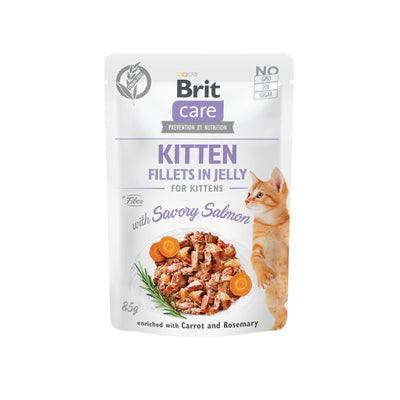 Brit Care Kitten Fillets in Jelly, Hrana Umeda pentru Pisici Junior, Fileuri de Somon cu Morcov si Rozmarin, Fara Cereale, 85g