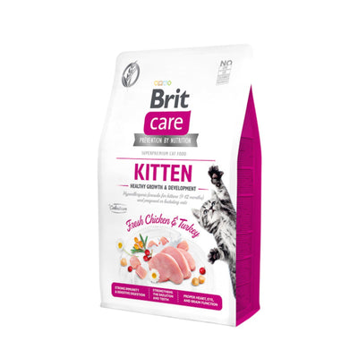 Brit Care Kitten Healthy Growth & Development, Hrana Uscata pentru Pisici Junior, cu Curcan si Pui, Fara Cereale, 400g / 2kg / 7kg