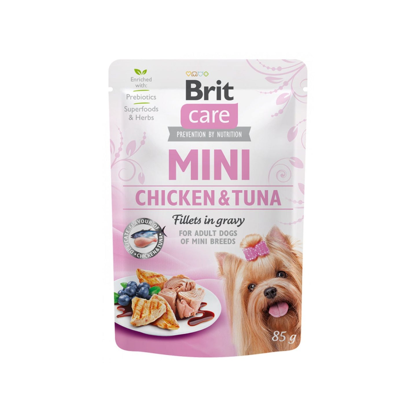 Brit Care Mini Fillets in Gravy, Hrana Umeda pentru Caini Adulti Rase Mici, cu Pui si Ton in Sos, Fara Cereale, 85g