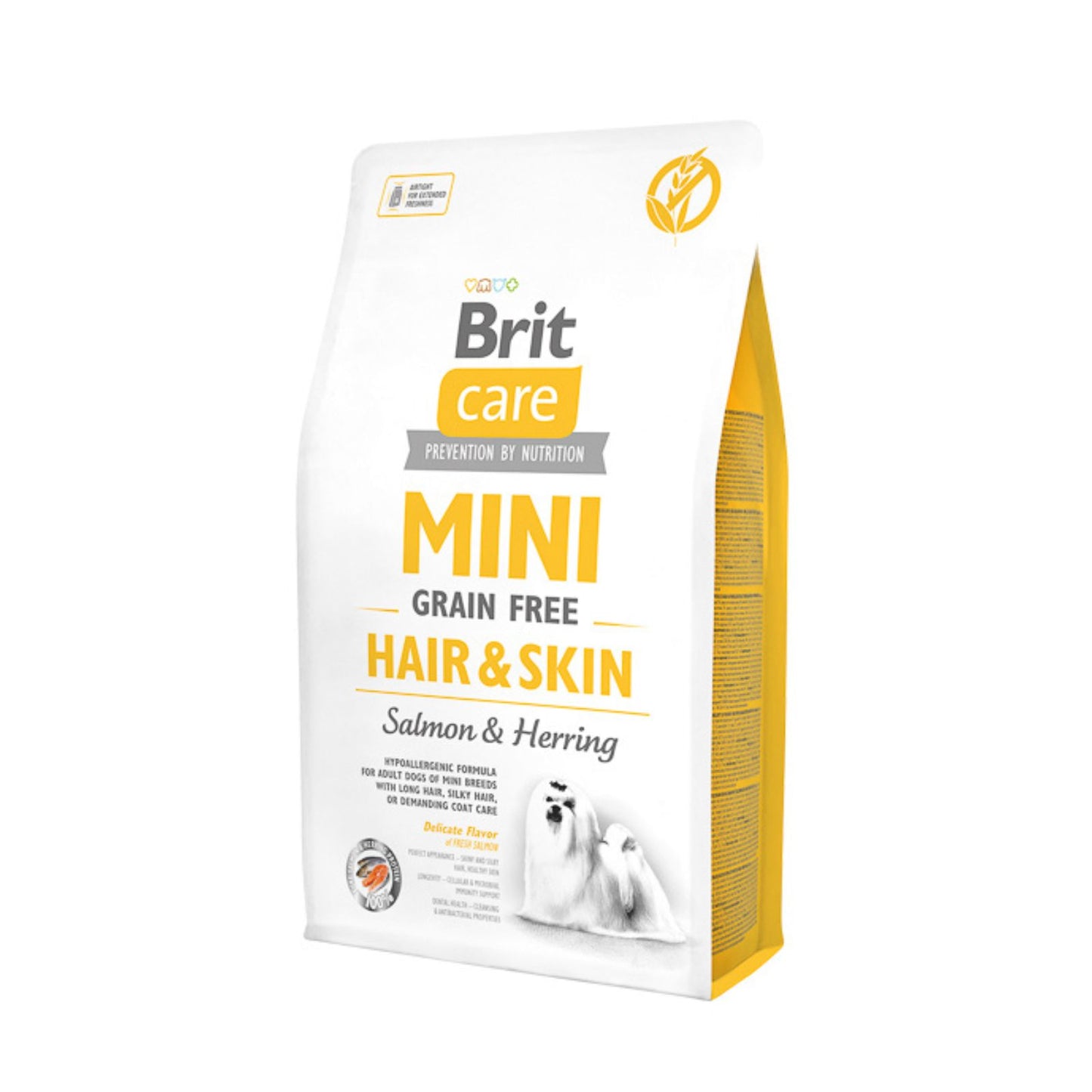 Brit Care Mini Hair & Skin Adult, Hrana Uscata pentru Caini Adulti Rase Mici, cu Somon si Hering, Fara Cereale, 400g / 2kg / 7kg