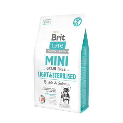 Brit Care Mini Light & Sterilised, Hrana Uscata pentru Caini Rase Mici Sterilizati, cu Iepure si Somon, Controlul Greutatii, Fara Cereale, 400g / 2kg / 7kg