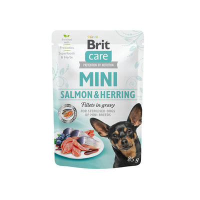 Brit Care Mini Sterilised Fillets in Gravy, Hrana Umeda pentru Caini Rase Mici Sterilizati, cu Somon si Hering in Sos, Fara Cereale, 85g