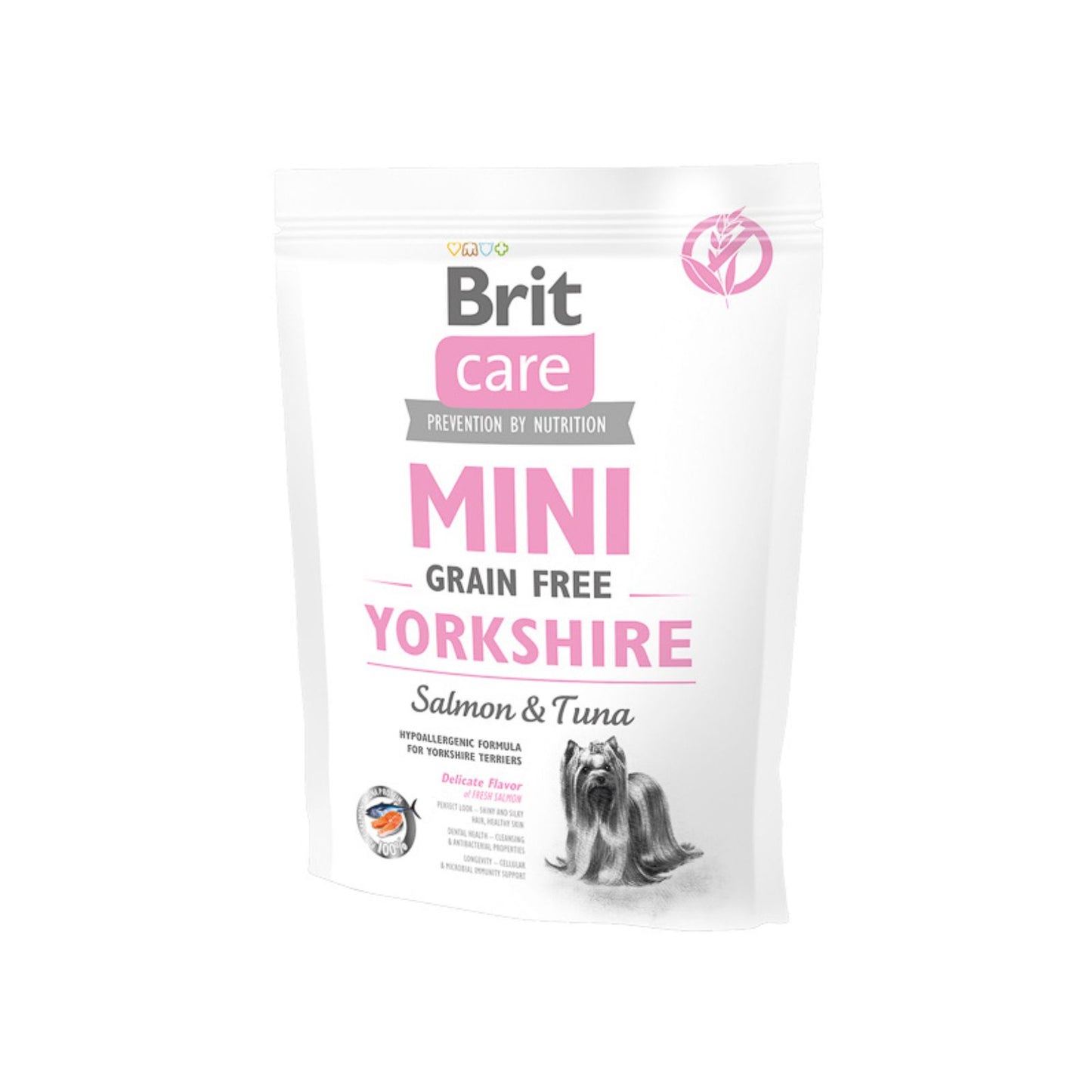 Brit Care Mini Yorkshire Terrier, Hrana Uscata pentru Caini, cu Somon si Ton, Hipoalergenica, Fara Cereale, 400g / 2kg / 7kg