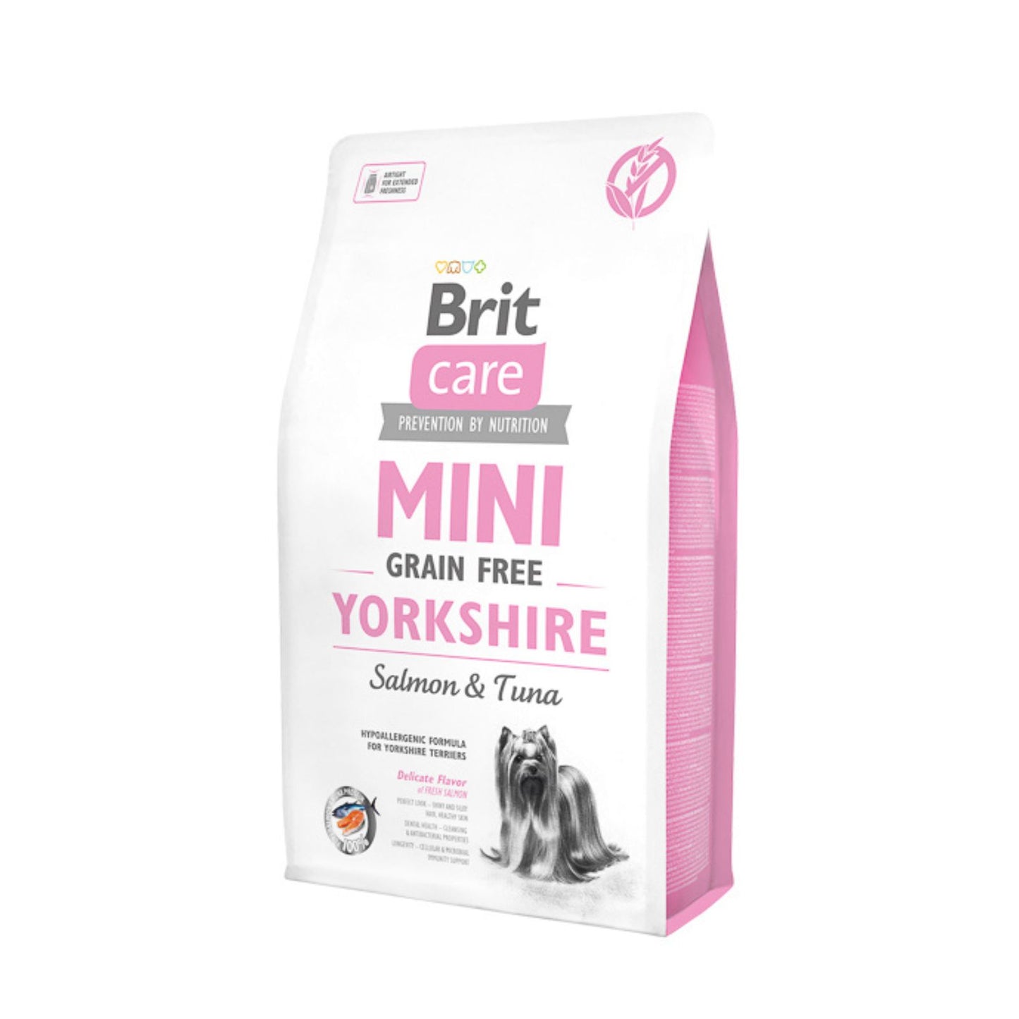 Brit Care Mini Yorkshire Terrier, Hrana Uscata pentru Caini, cu Somon si Ton, Hipoalergenica, Fara Cereale, 400g / 2kg / 7kg