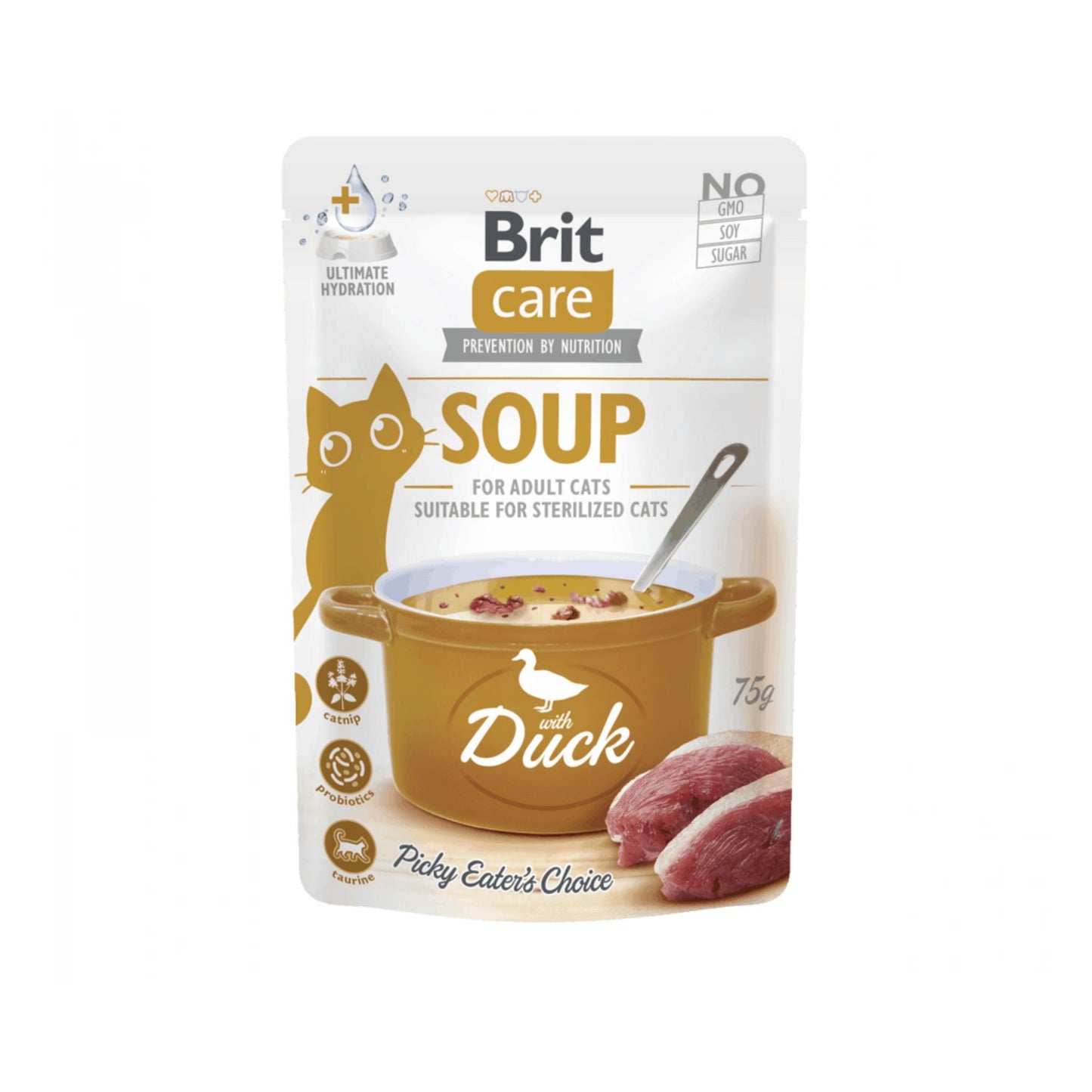 Brit Care Soup, Hrana Umeda Complementara pentru Pisici Adult, Supa cu Rata, Fara Cereale, 75g